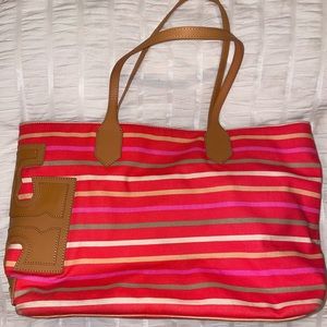 Tory Burch Stacked T Canvas Leather Logo Striped Vibrant Tote Bag Magnetic Pink